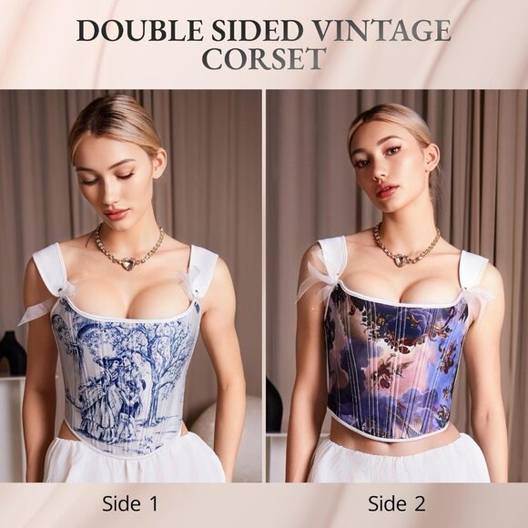 Women Print Reversible Overbust Corset Vintage Rococo Medusa Print 15 Boned - Picture 2 of 7